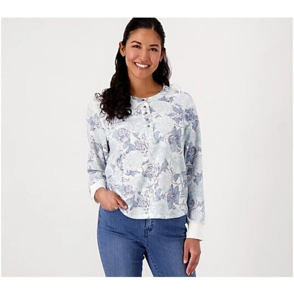 Candace Cameron Bure Printed Henley Curved-Hem Knit Top Silver Sage,4X - Picture 1 of 1